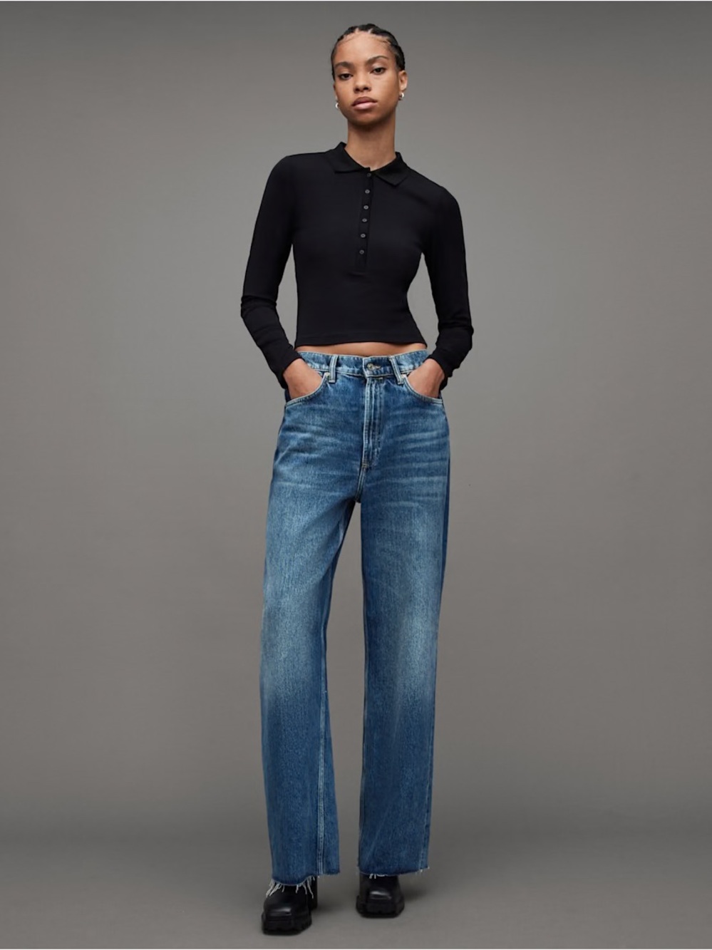 AllSaints Blake Blue Denim Jeans with Contrast Stitching